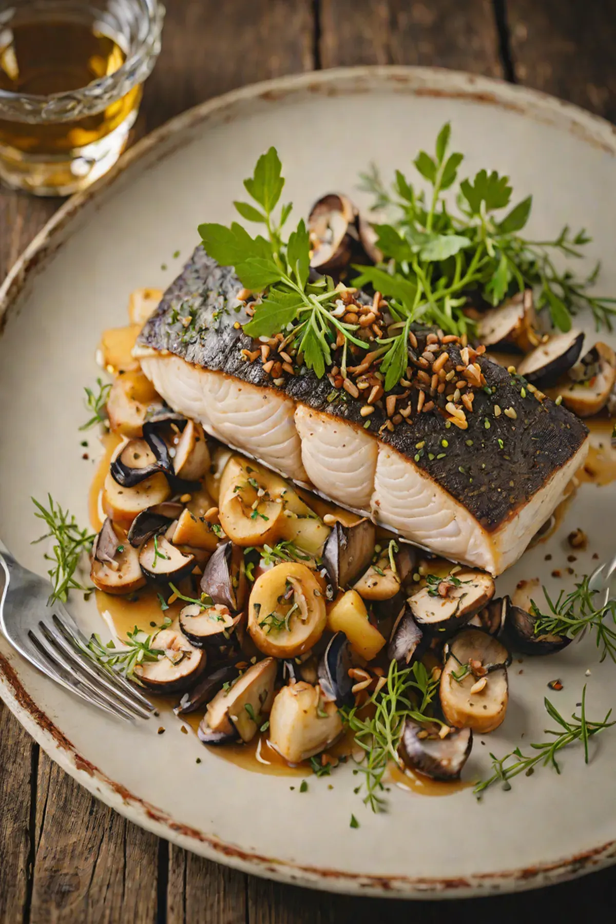 Roasted Sea Bass with Mushroom and Thyme Crust