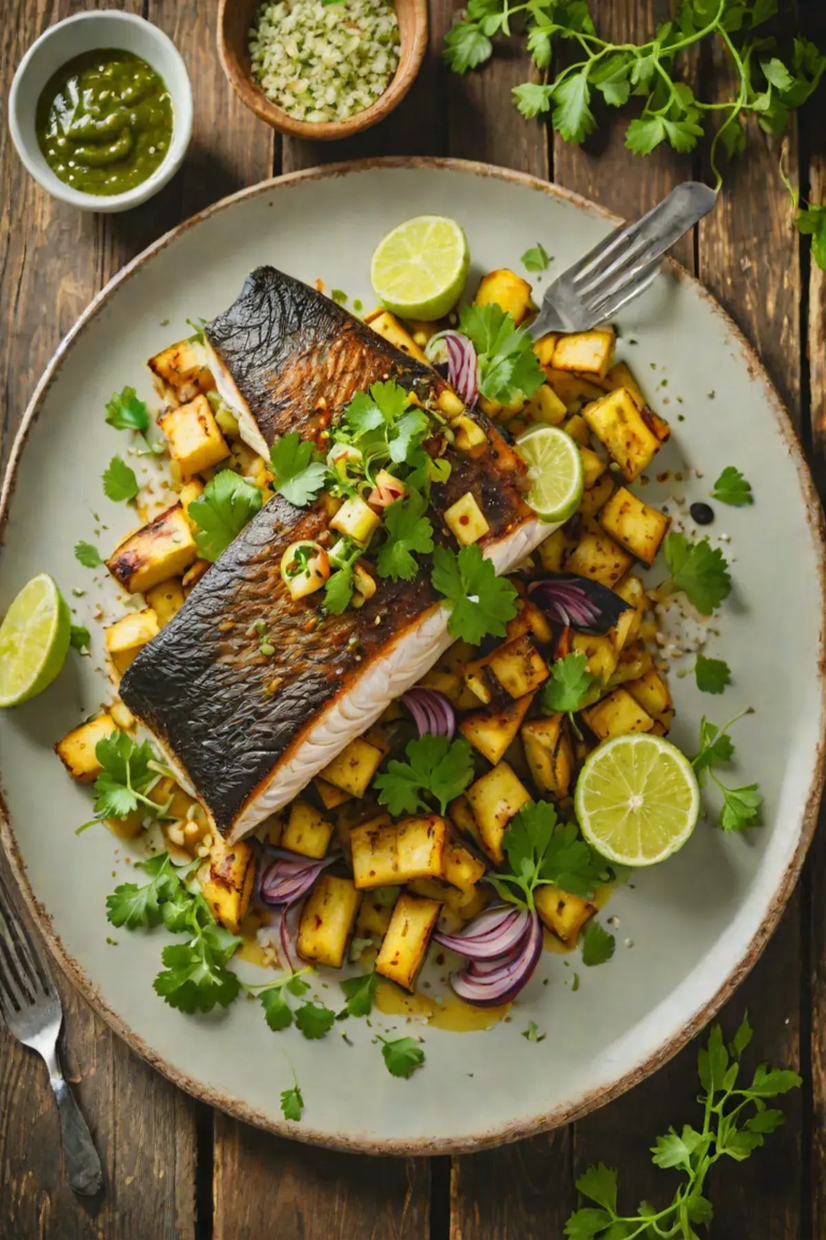Roasted Sea Bass with Plantain and Cilantro-Lime Glaze