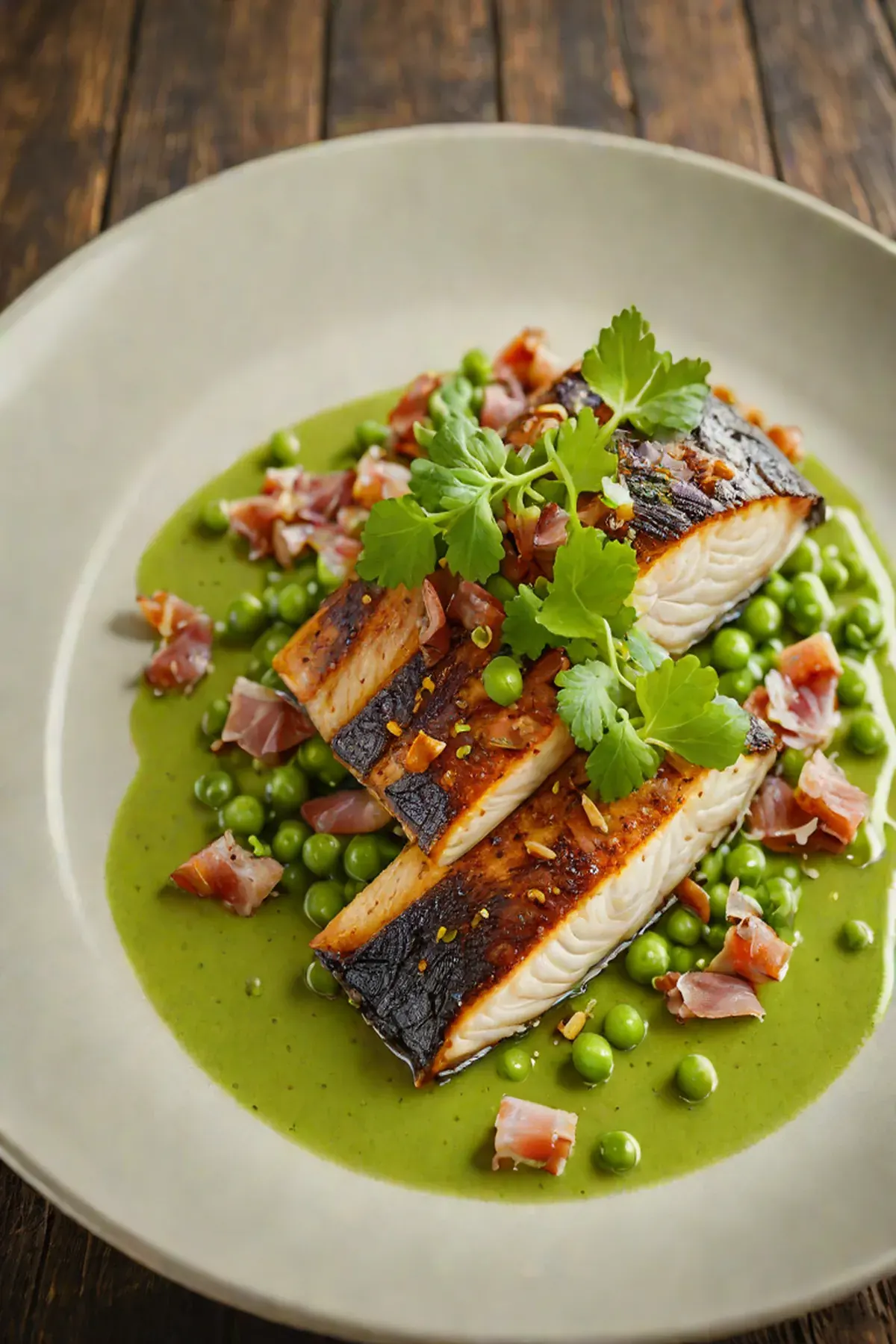 Roasted Sea Bass with Spring Pea Sauce and Crispy Pancetta