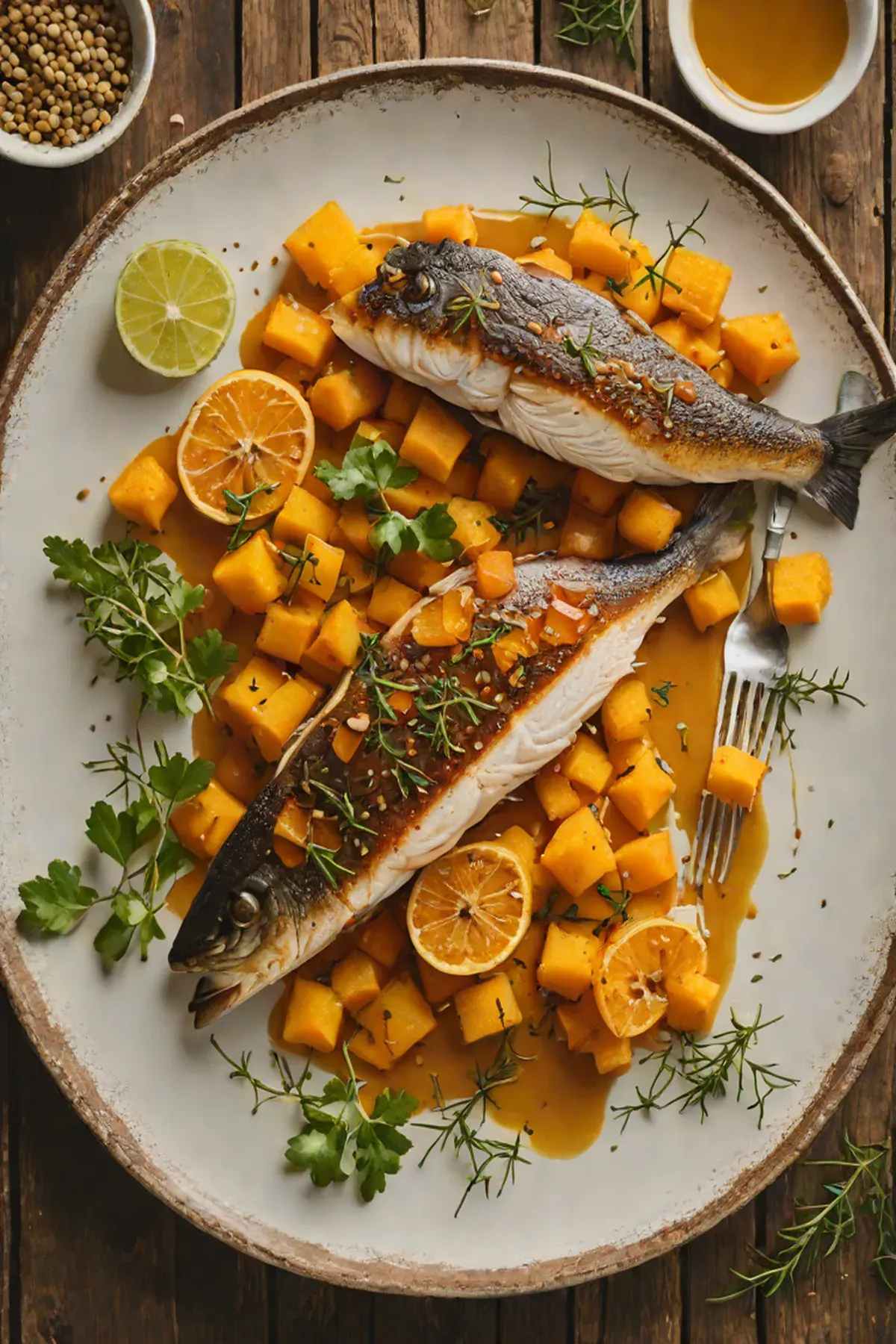 Roasted Sea Bass with Sweet Potato and Citrus Glaze