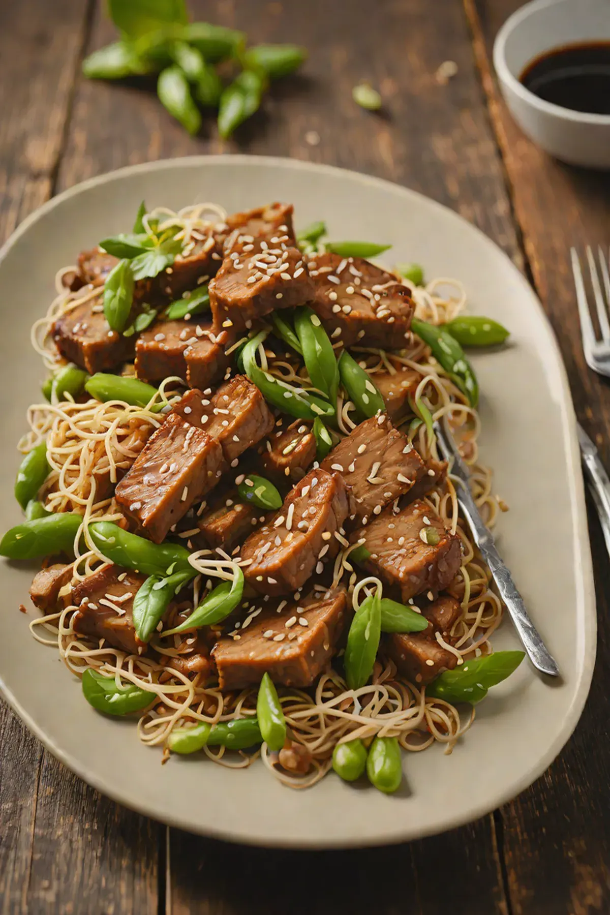 Roasted Seitan with Bean Sprout Stir-Fry