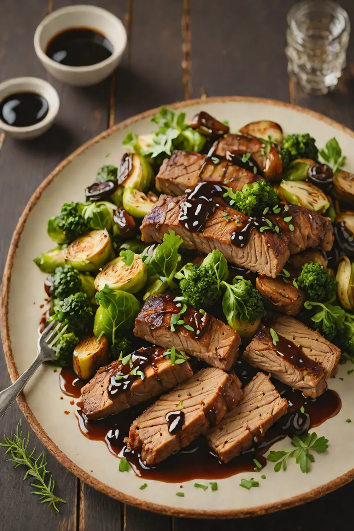 Roasted Seitan with Brussels Sprouts and Balsamic Glaze