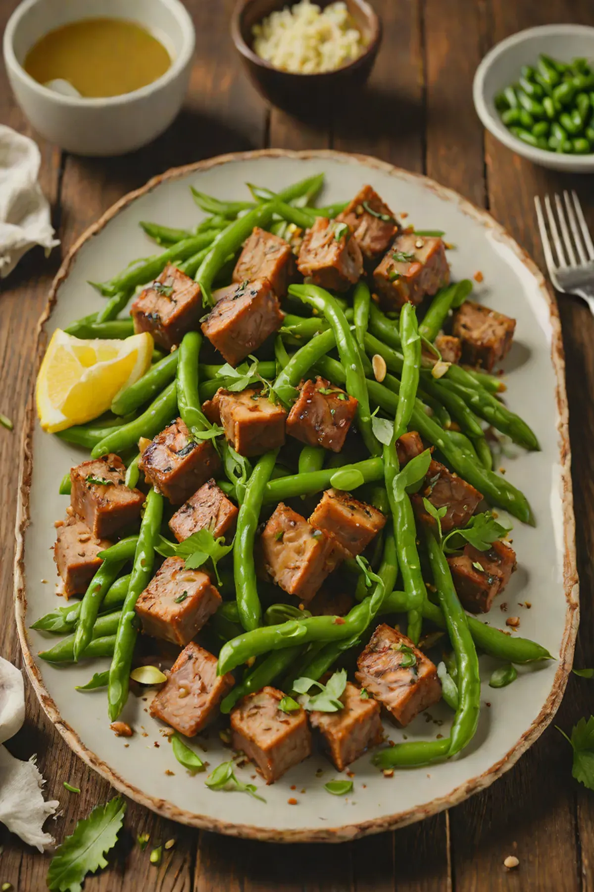 Roasted Seitan with Green Bean and Garlic
