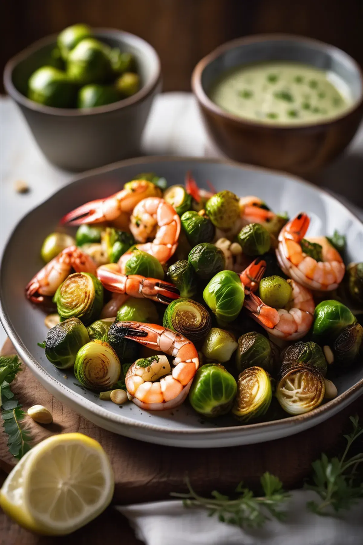 Roasted Shrimp with Brussels Sprouts and Garlic Aioli