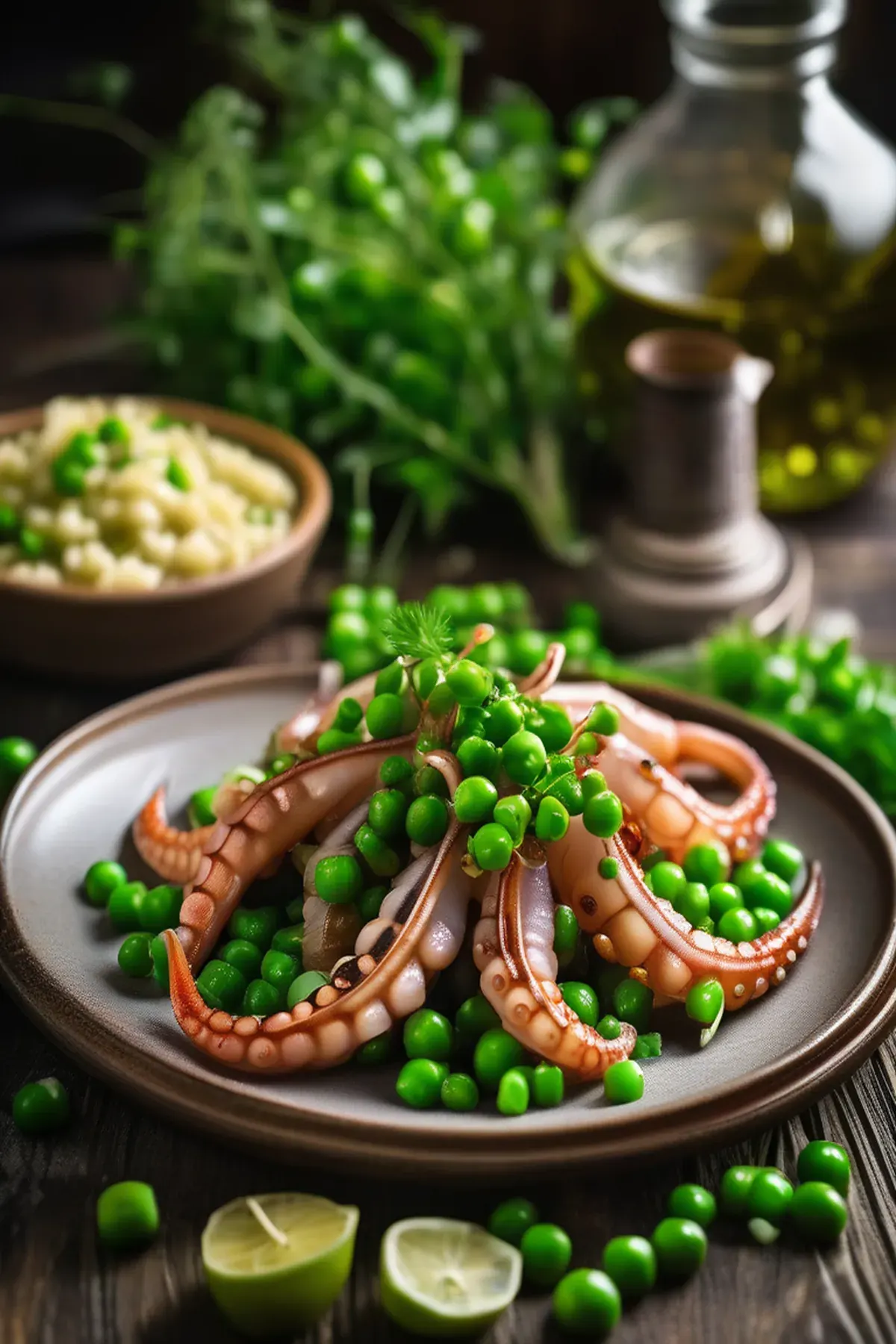 Roasted Squid with Pea and Garlic Butter