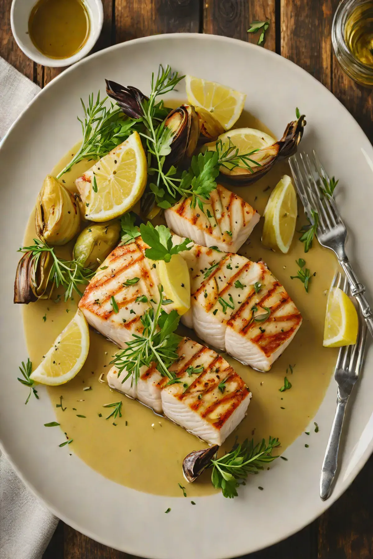 Roasted Swordfish with Artichoke and Lemon-Herb Sauce