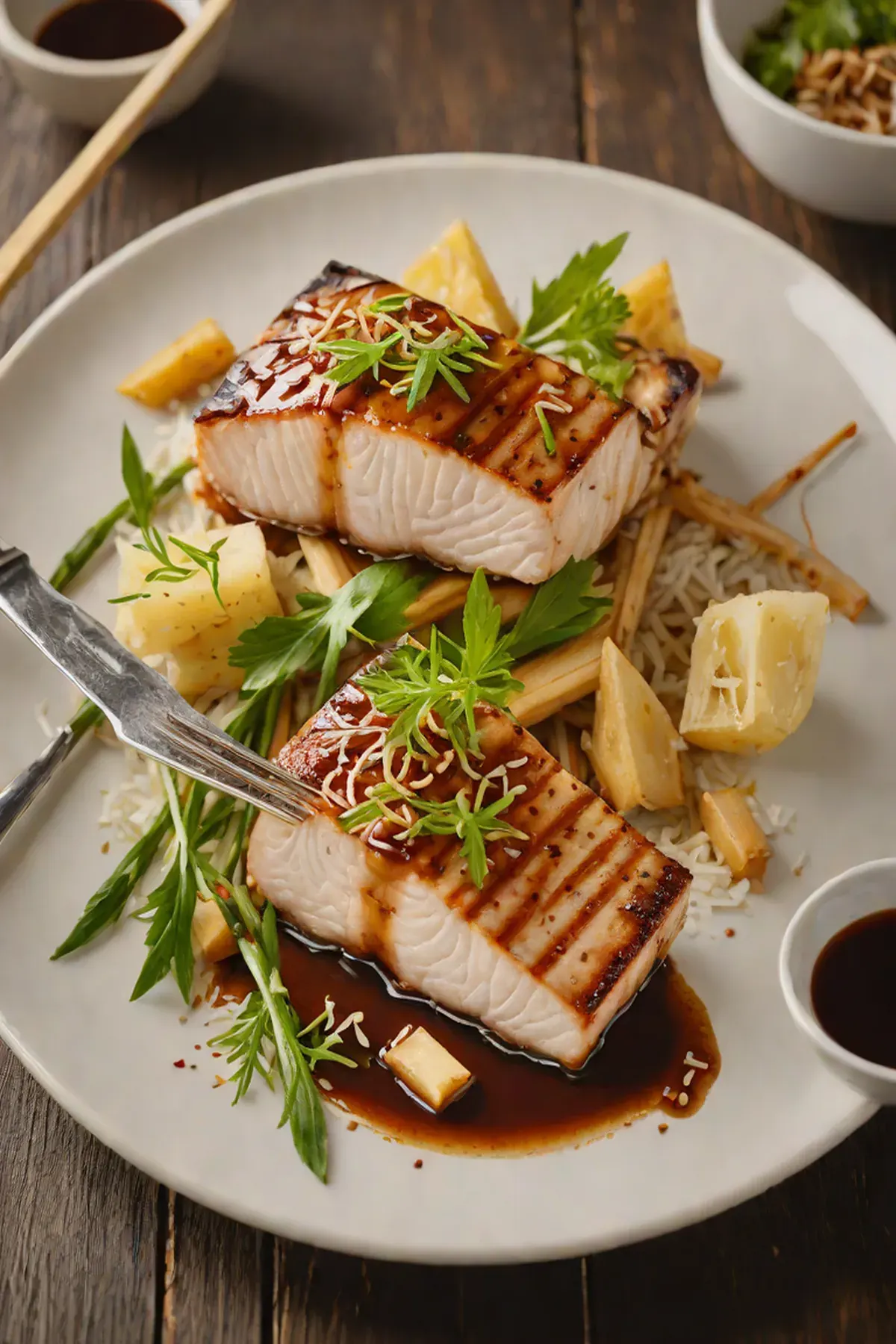 Roasted Swordfish with Bamboo Shoot and Ginger-Soy Glaze