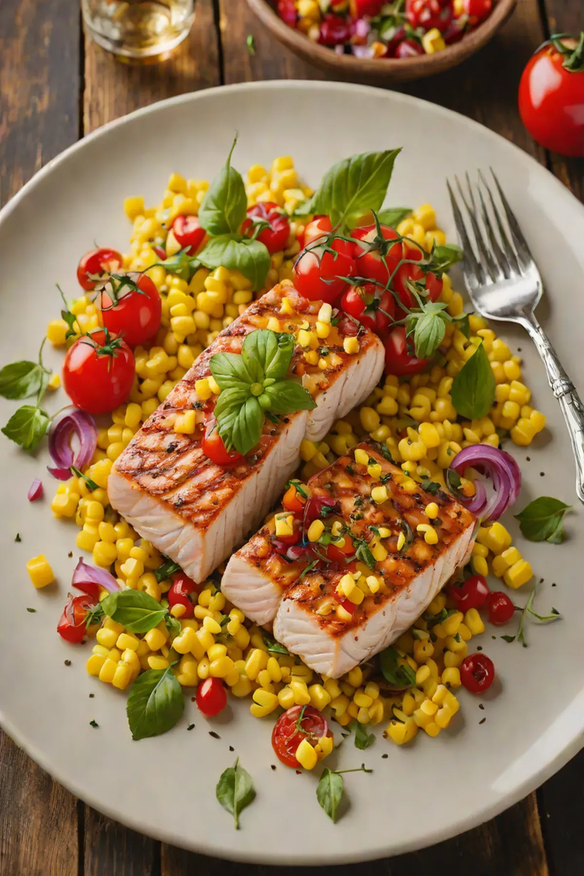 Roasted Swordfish with Corn and Charred Tomato Relish