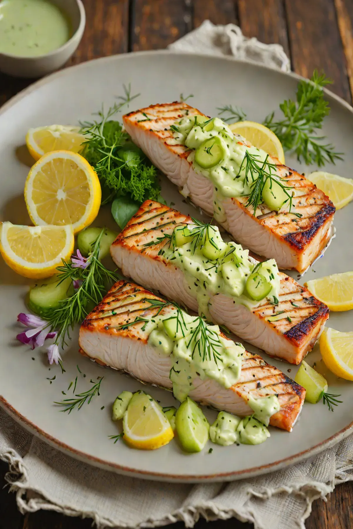 Roasted Swordfish with Cucumber Relish and Dill Cream