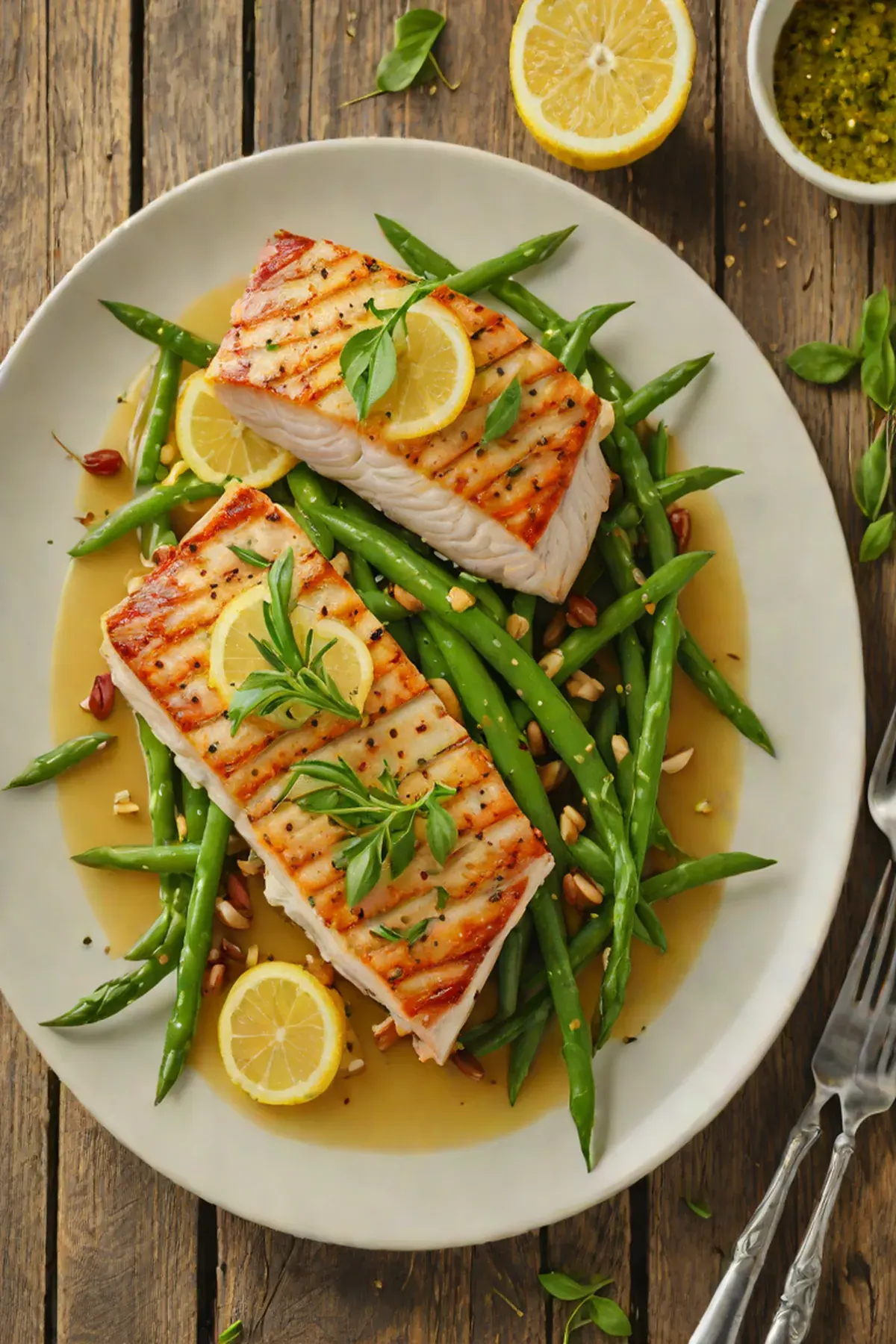 Roasted Swordfish with Green Bean and Lemon Butter