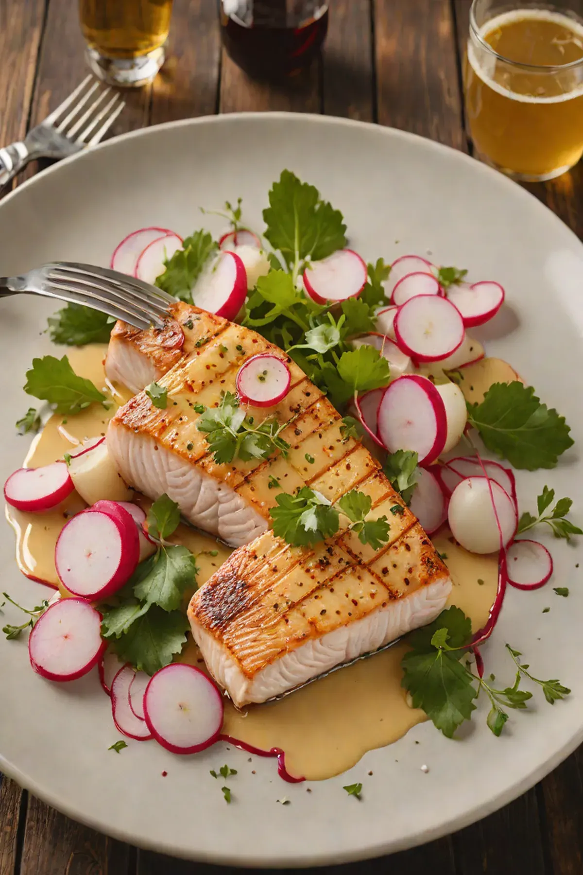 Roasted Swordfish with Radish and Brown Butter Emulsion