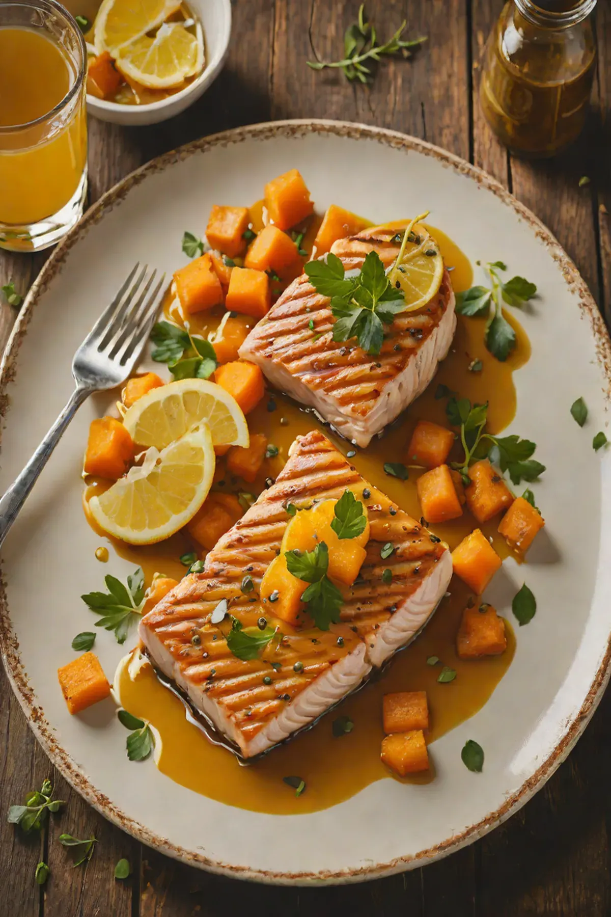 Roasted Swordfish with Sweet Potato and Citrus Glaze