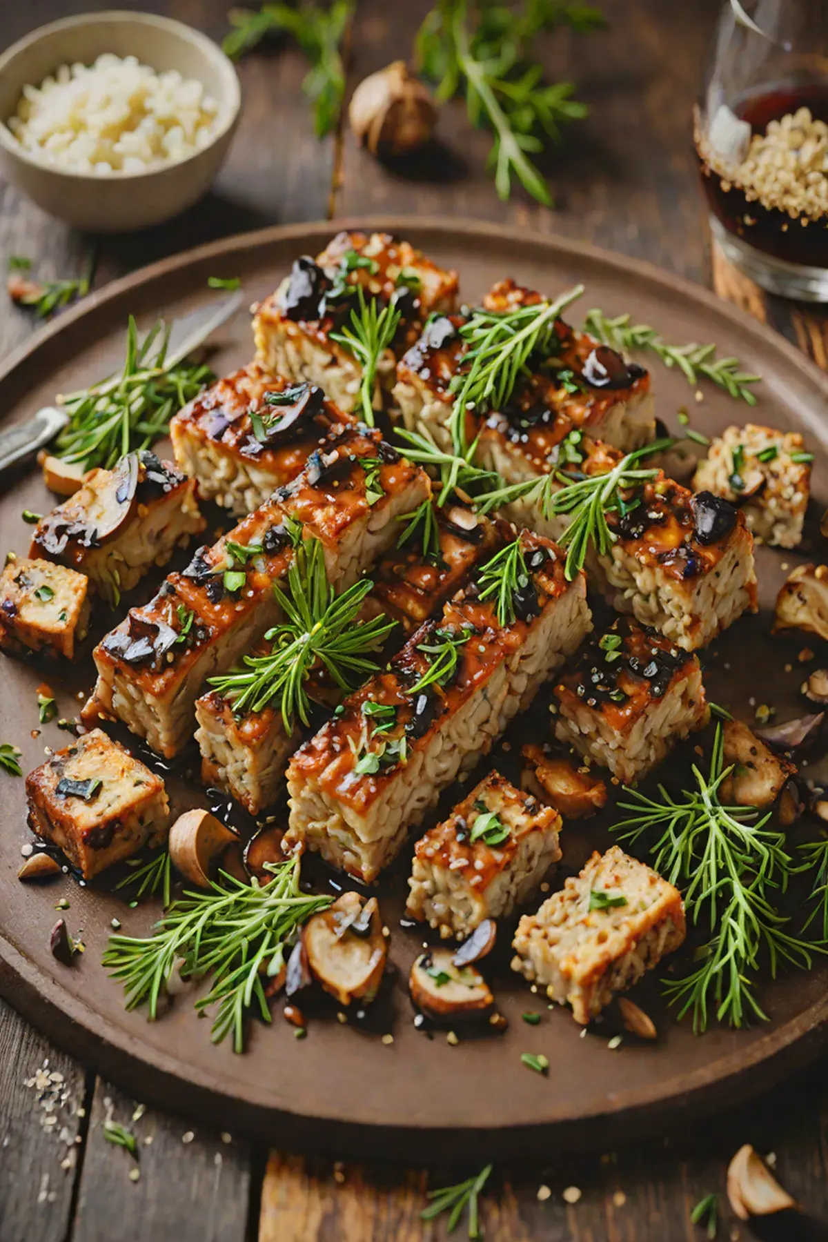 Roasted Tempeh with Mushroom and Garlic Herb Glaze