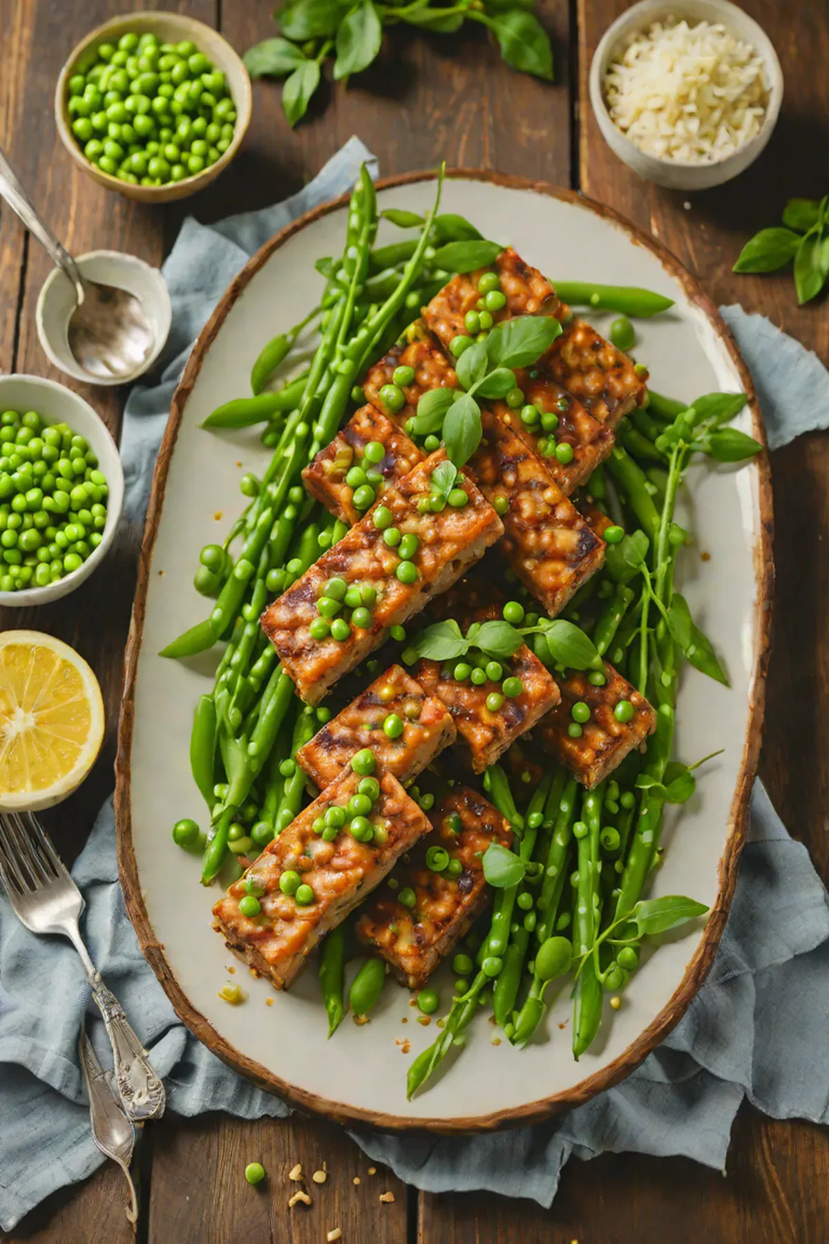Roasted Tempeh with Pea and Lemon Herb Glaze