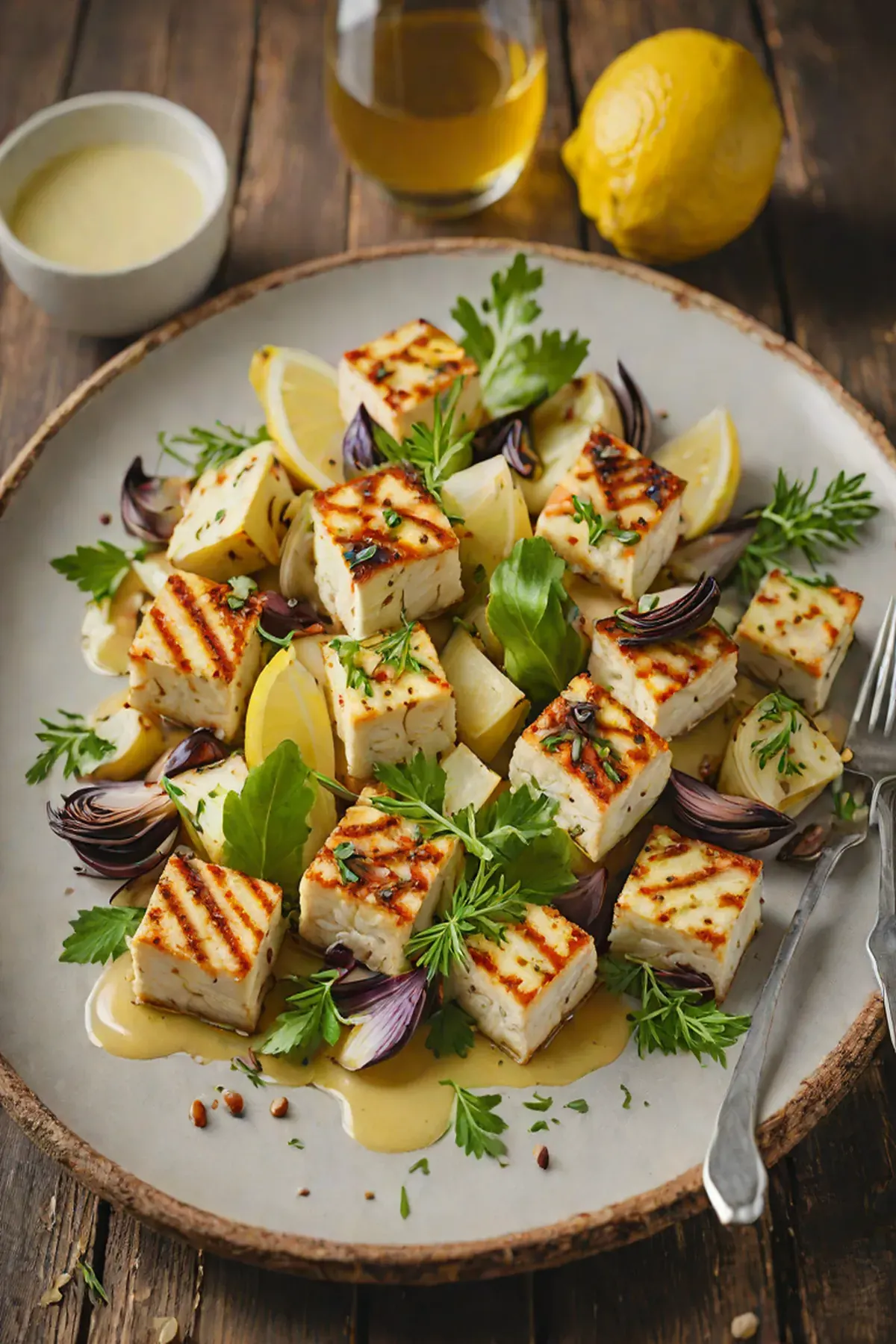Roasted Tofu with Artichoke Hearts and Lemon Garlic Sauce