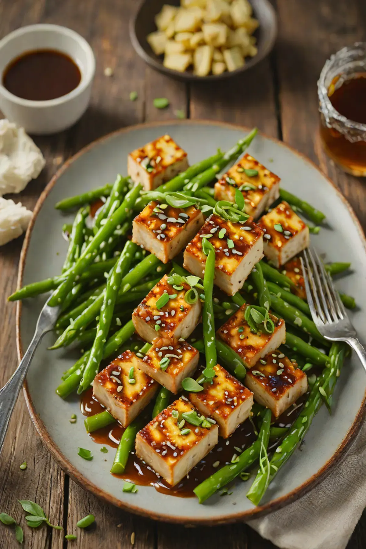 Roasted Tofu with Green Bean and Garlic Glaze