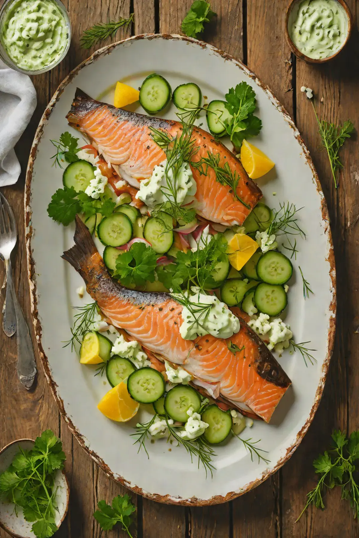 Roasted Trout with Cucumber and Dill Cream