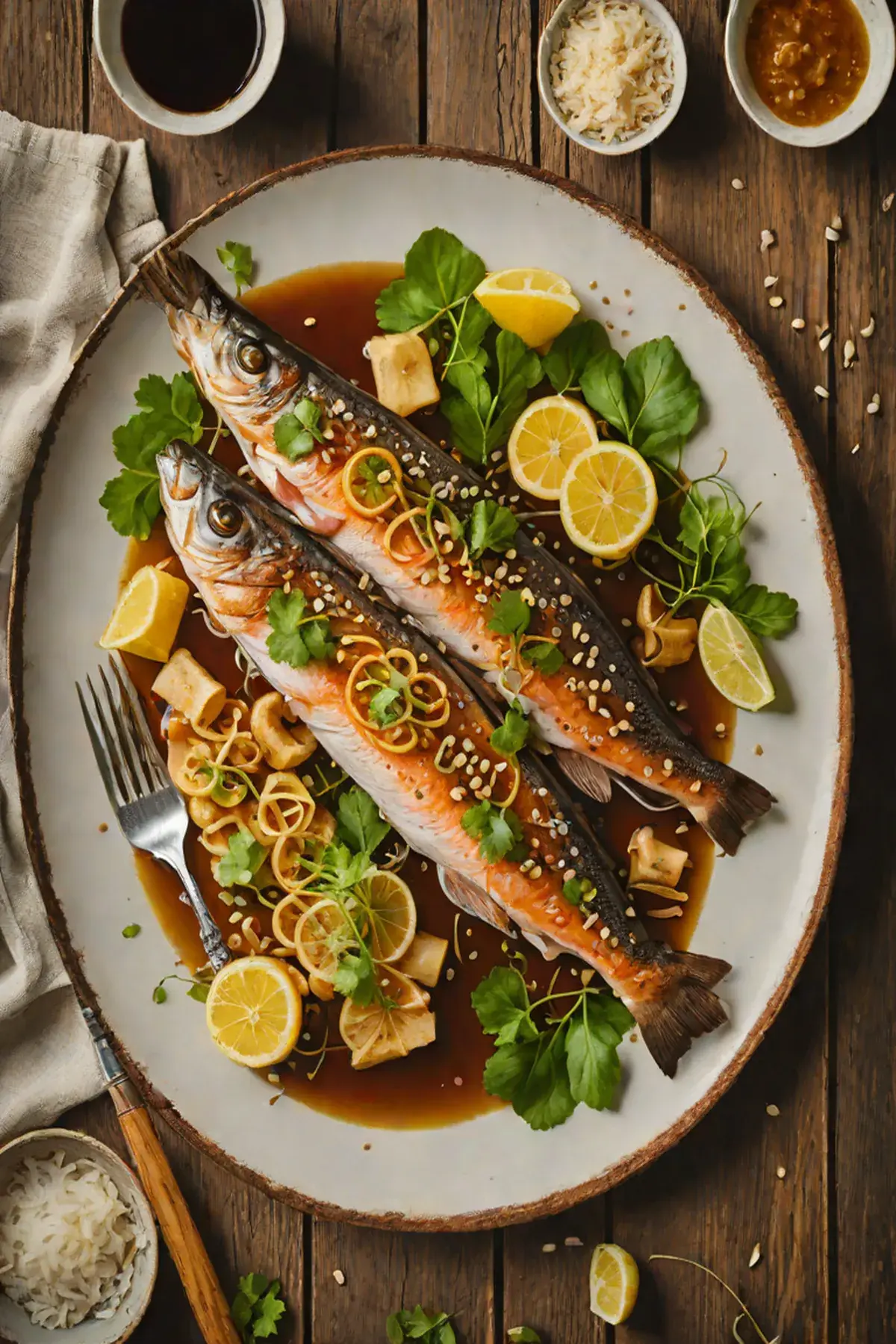 Roasted Trout with Lotus Root and Ginger-Soy Glaze