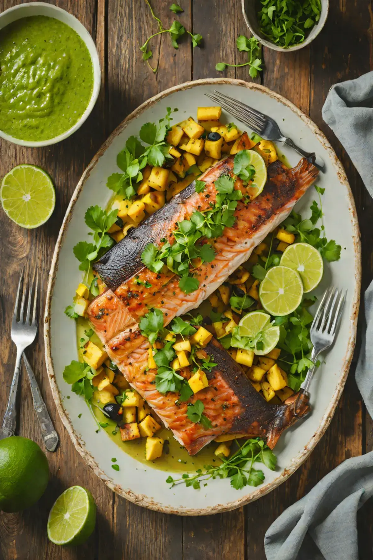 Roasted Trout with Plantain and Cilantro-Lime Sauce