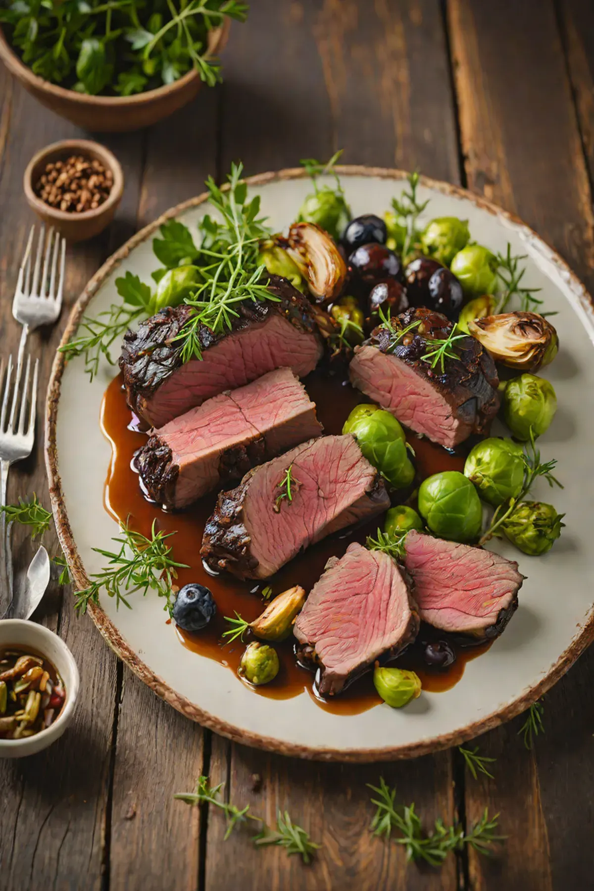 Roasted Venison with Brussels Sprouts and Juniper Berry Glaze