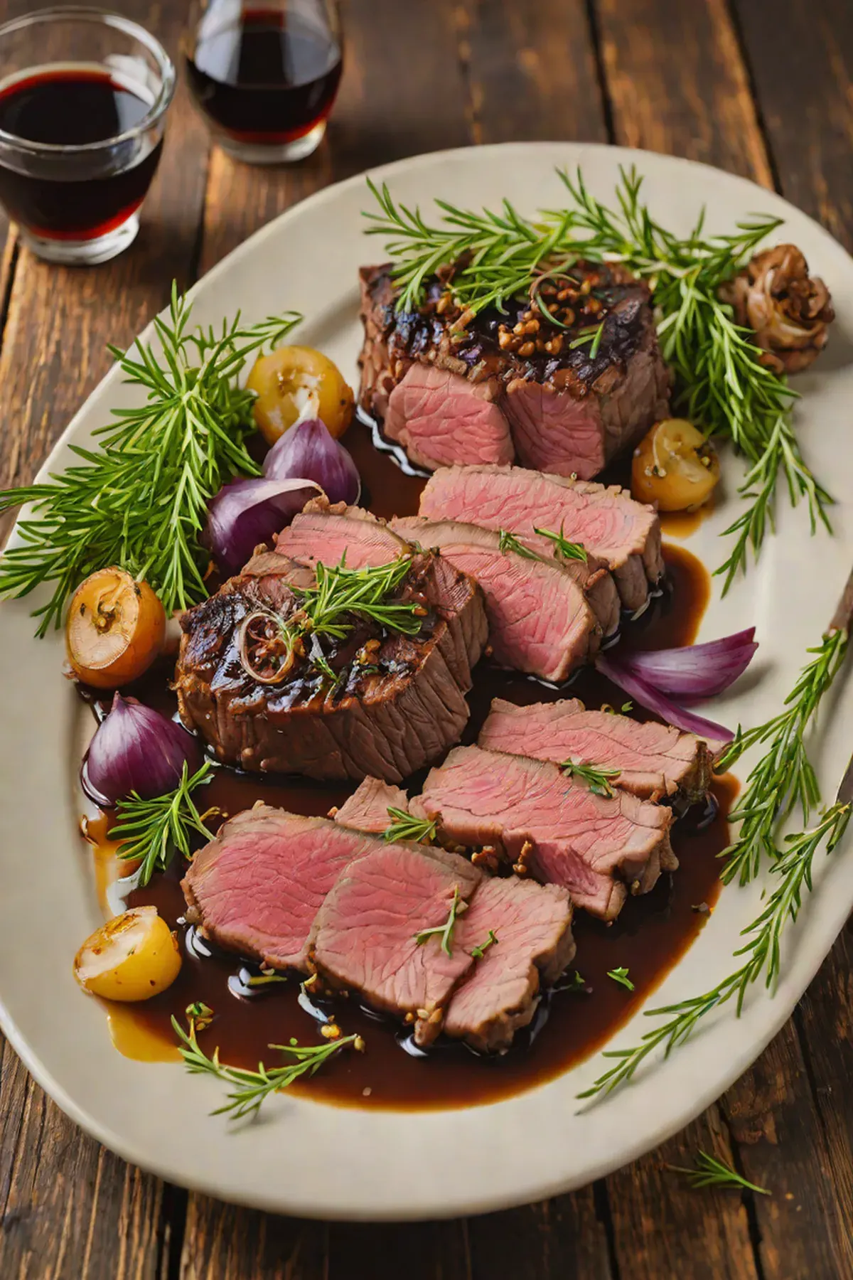 Roasted Venison with Caramelized Onions and Herb Jus