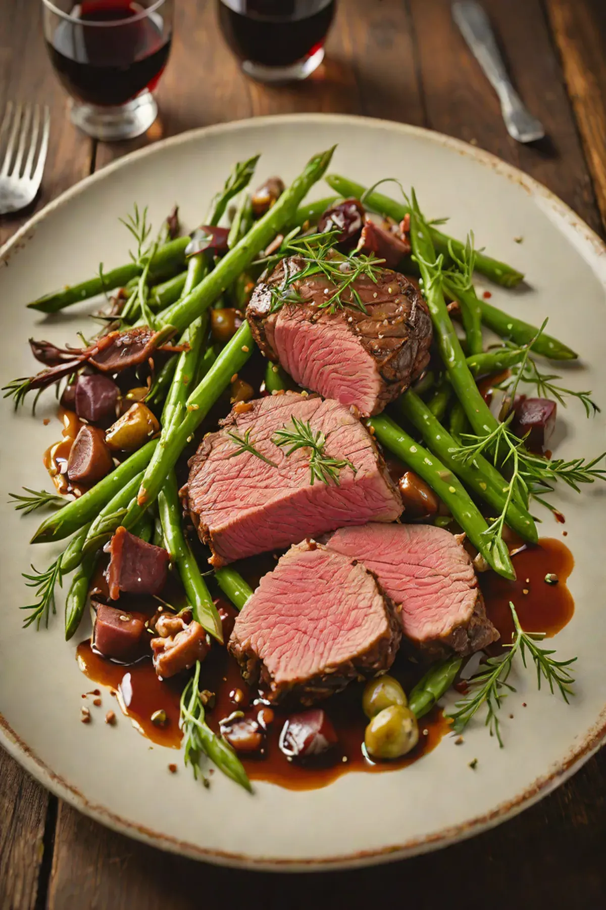 Roasted Venison with Green Bean and Garlic Confit