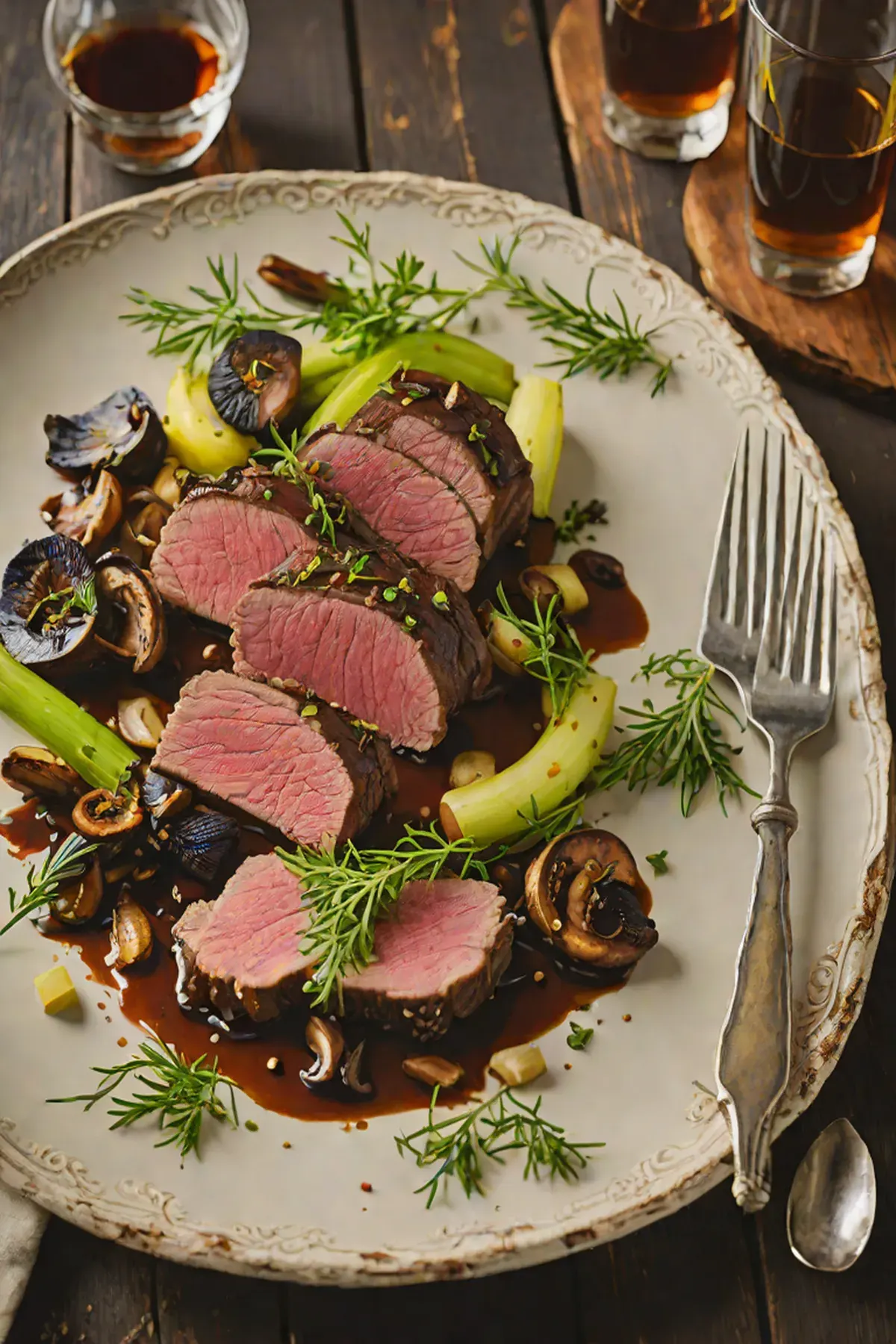 Roasted Venison with Leek and Wild Mushroom Reduction