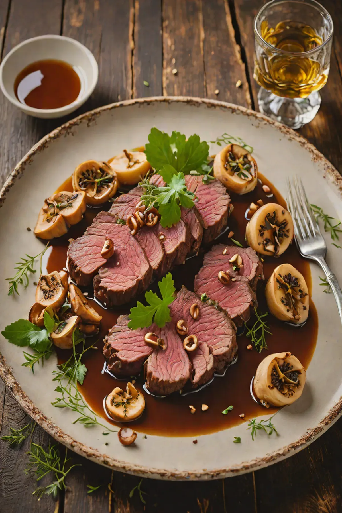 Roasted Venison with Lotus Root and Mushroom Glaze