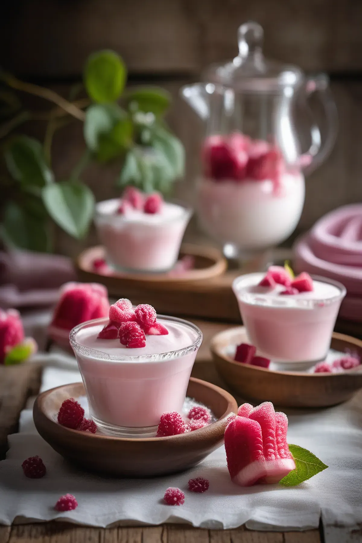 Rose-scented yogurt creams with rhubarb