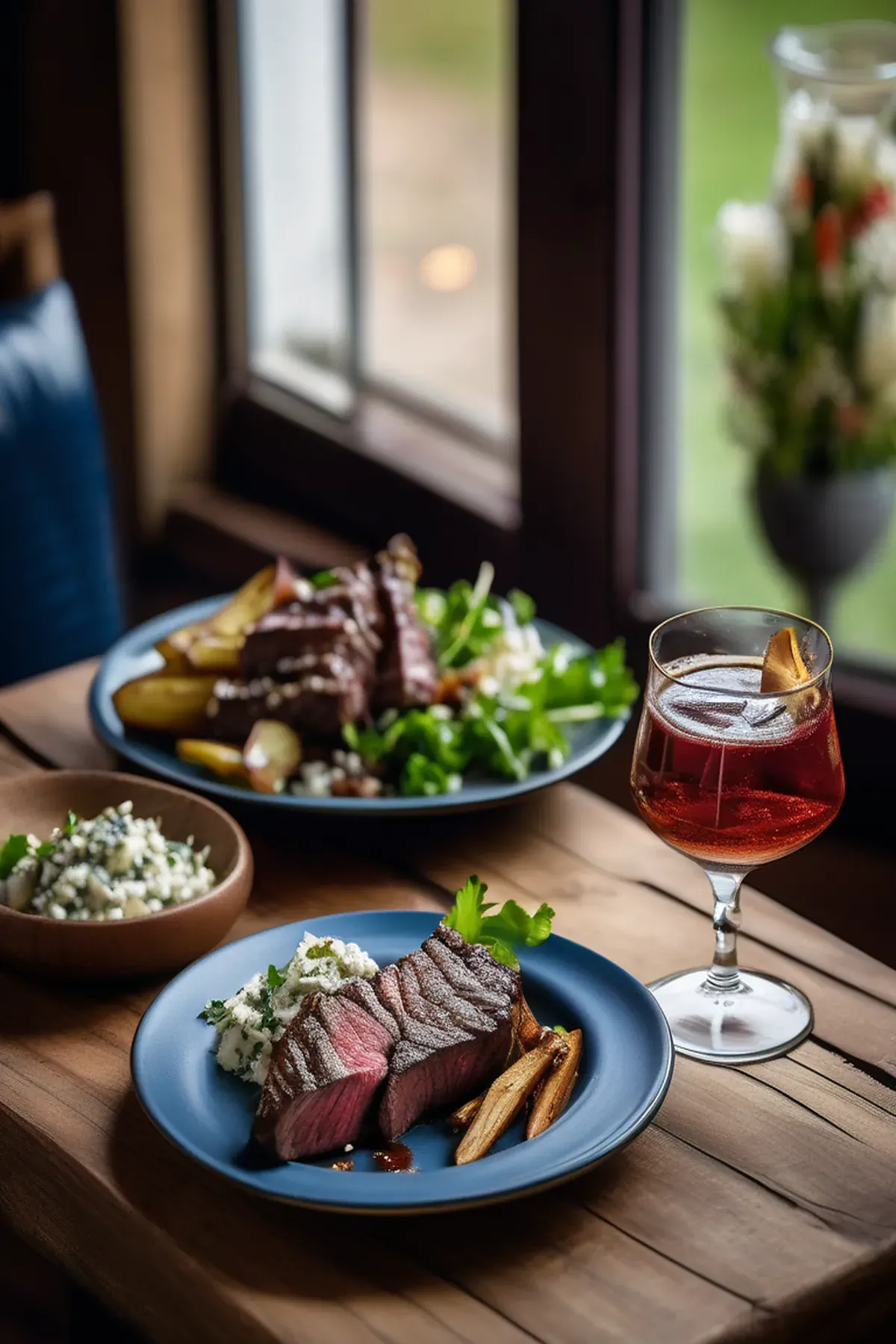 Sharing bavette with blue cheese, beef dripping wedges & ranch salad