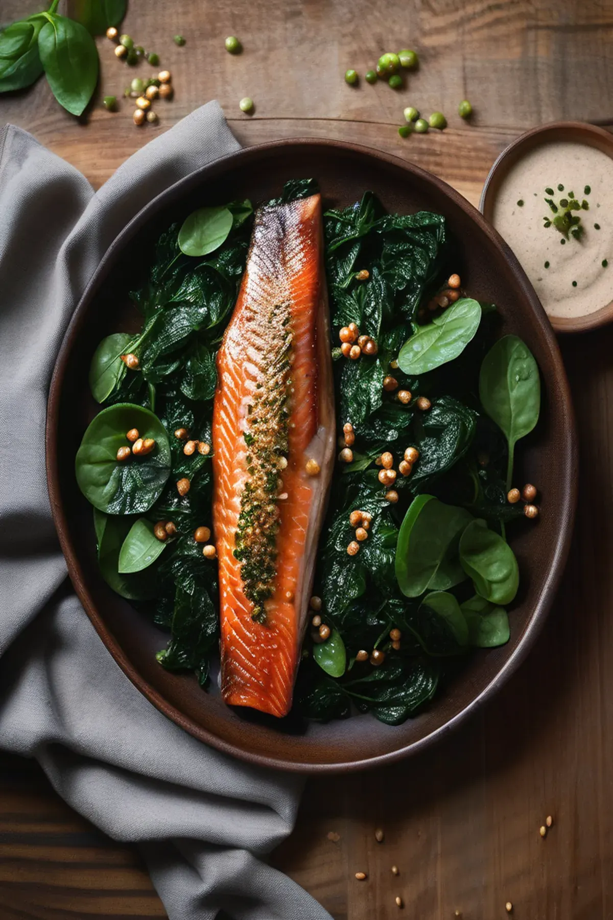 Shichimi togarashi baked trout with tahini spinach