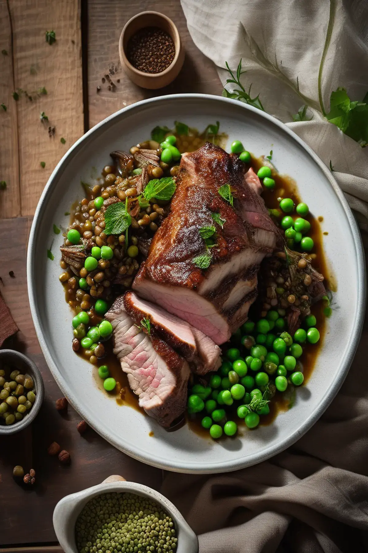 Slow-cooked pork shoulder with peas & mint