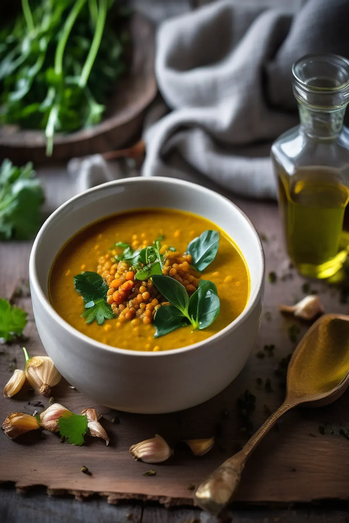 Spiced red lentil, turmeric and spring greens soup