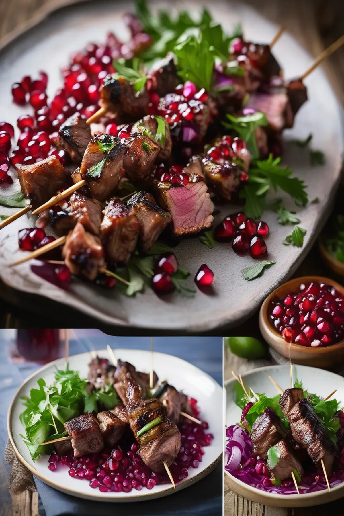 Sticky pomegranate lamb kebabs with pitta salad