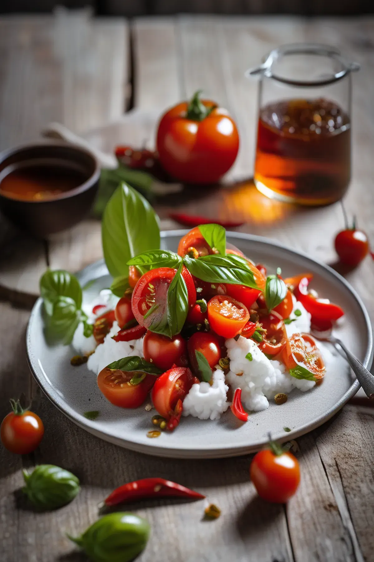 Tomato salad with chilli oil, Thai basil & burrata