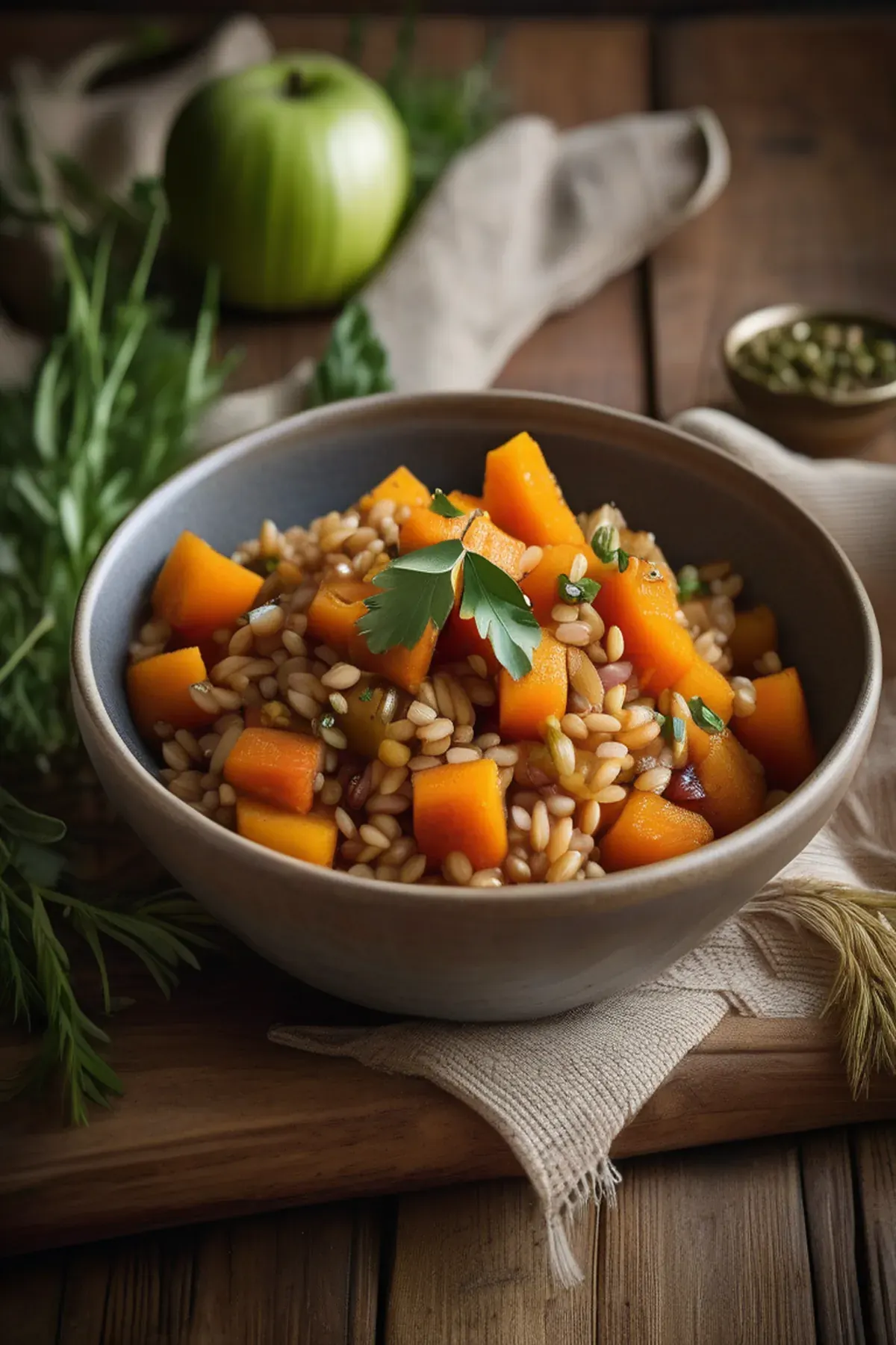 Healthy Option Barley With Butternut Squash, Apples and Onions