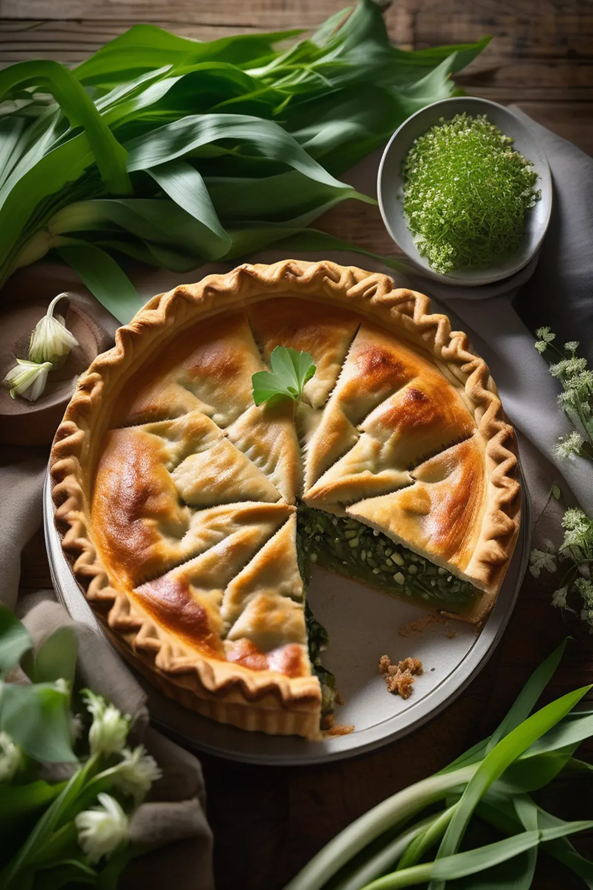 Wild garlic, chicken & leek pie